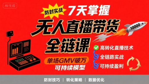 无人直播带货全链防封实战课，7天掌握高转化直播技术，实现单场GMV破万可持续模型-易知付
