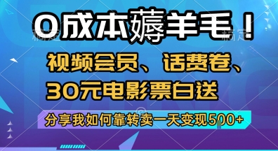 0成本薅羊毛!视频会员、话费卷、30元电影票白送，分享我如何靠转卖一天变现5张+【揭秘】-易知付