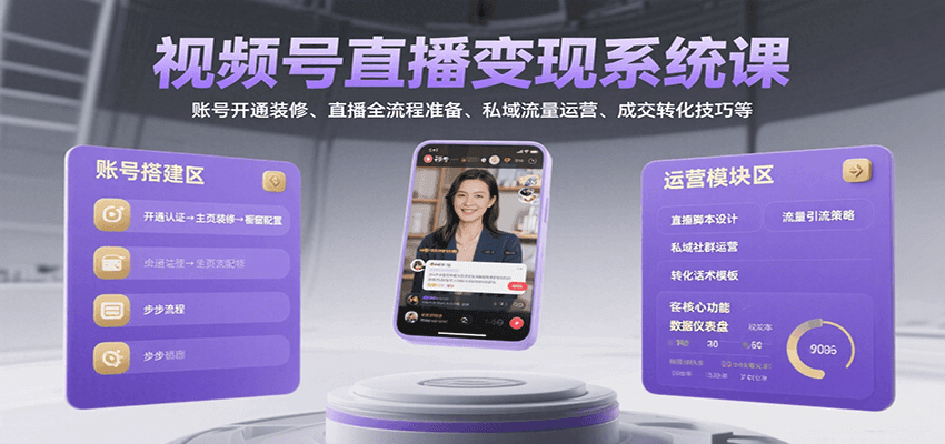 视频号直播变现系统课，账号开通装修、直播全流程准备、私域流量运营、成交转化技巧等-易知付