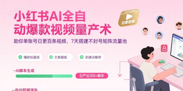 小红书AI全自动爆款视频量产术，助你单账号日更百条视频，7天搭建不封号矩阵流量池-易知付