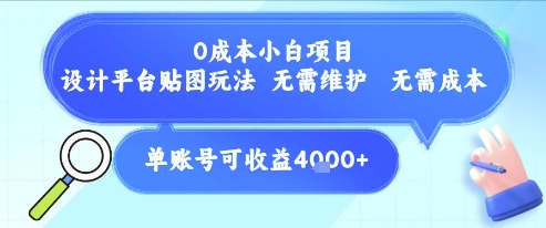 0成本小白项目，设计平台贴图玩法，无需维护，无需成本，单账号单月可产生收益4k+-易知付