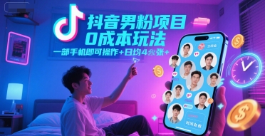 抖音男粉项目0成本玩法，一部手机即可操作，日均4张+，时间自由-易知付